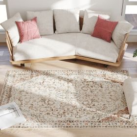 Area Rug 4x6, Machine Washable Rug, Non-Slip Classical Floral Print Floor Carpet for Living Room, Bedroom, Mixed-Brown